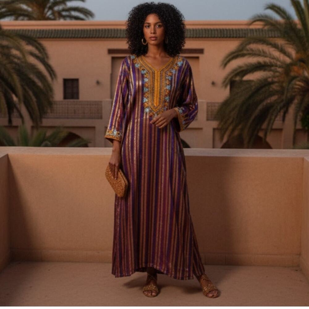 Vintage Embroidered Striped Caftan Maxi Dress with Gold Lurex One Size